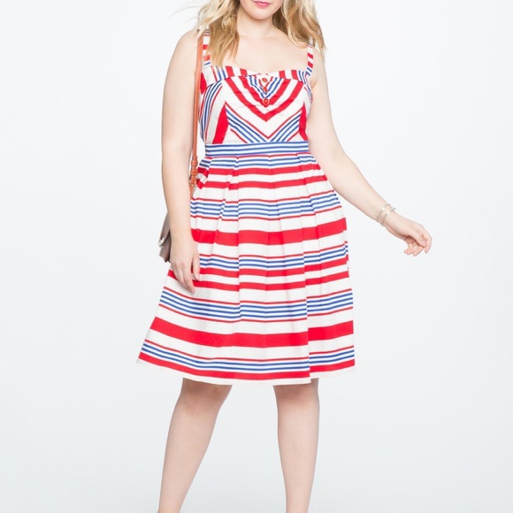 Eloquii Size 18 Aline Dress Red Blue White Retro Vintage Pin-up Stripes Cotton